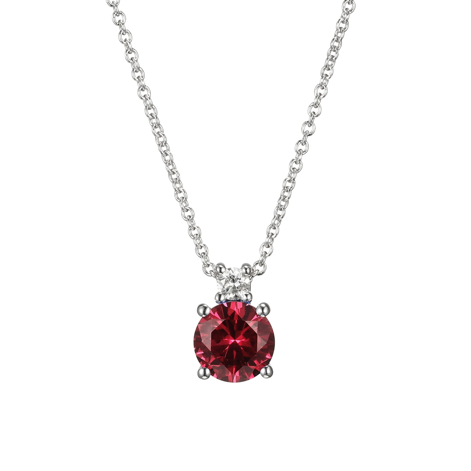Forever Facets Jewelry Platinum Over Sterling Silver Created Ruby and Lab Grown Diamond Accent Two Stone Necklace, 18 Inch Fine Cable Chain with 2 Inch Extender (H-I Color, I1 Clarity)