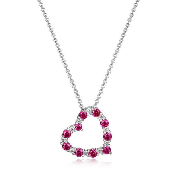 Forever Facets Jewelry Platinum Over Sterling Silver Created Ruby and 1/6th Carat Total Weight Lab Grown Diamond Heart Necklace, 18 Inch Fine Cable Chain with 2 Inch Extender (H-I Color, I1 Clarity)
