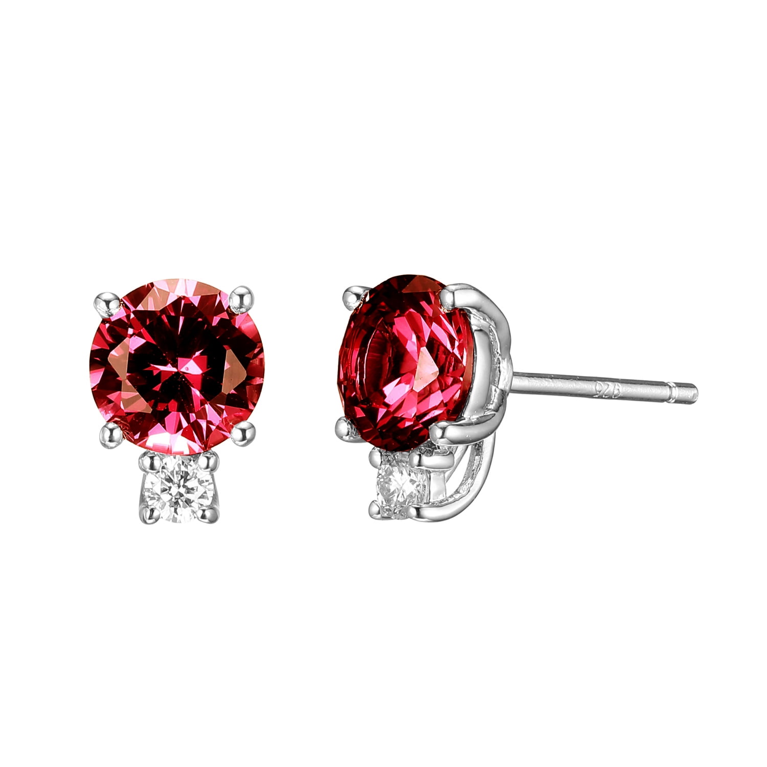 Forever Facets Jewelry Platinum Over Sterling Silver Created Ruby and 1/10th Carat Total Weight Lab Grown Diamond Two Stone Earrings (H-I Color, I1 Clarity)