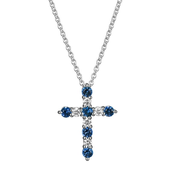 Forever Facets Jewelry Platinum Over Sterling Silver Created Blue Sapphire and 1/8th Carat Total Weight Lab Grown Diamond Cross Necklace, 18" Cable Chain with 2" Extender (H-I Color, I1 Clarity)