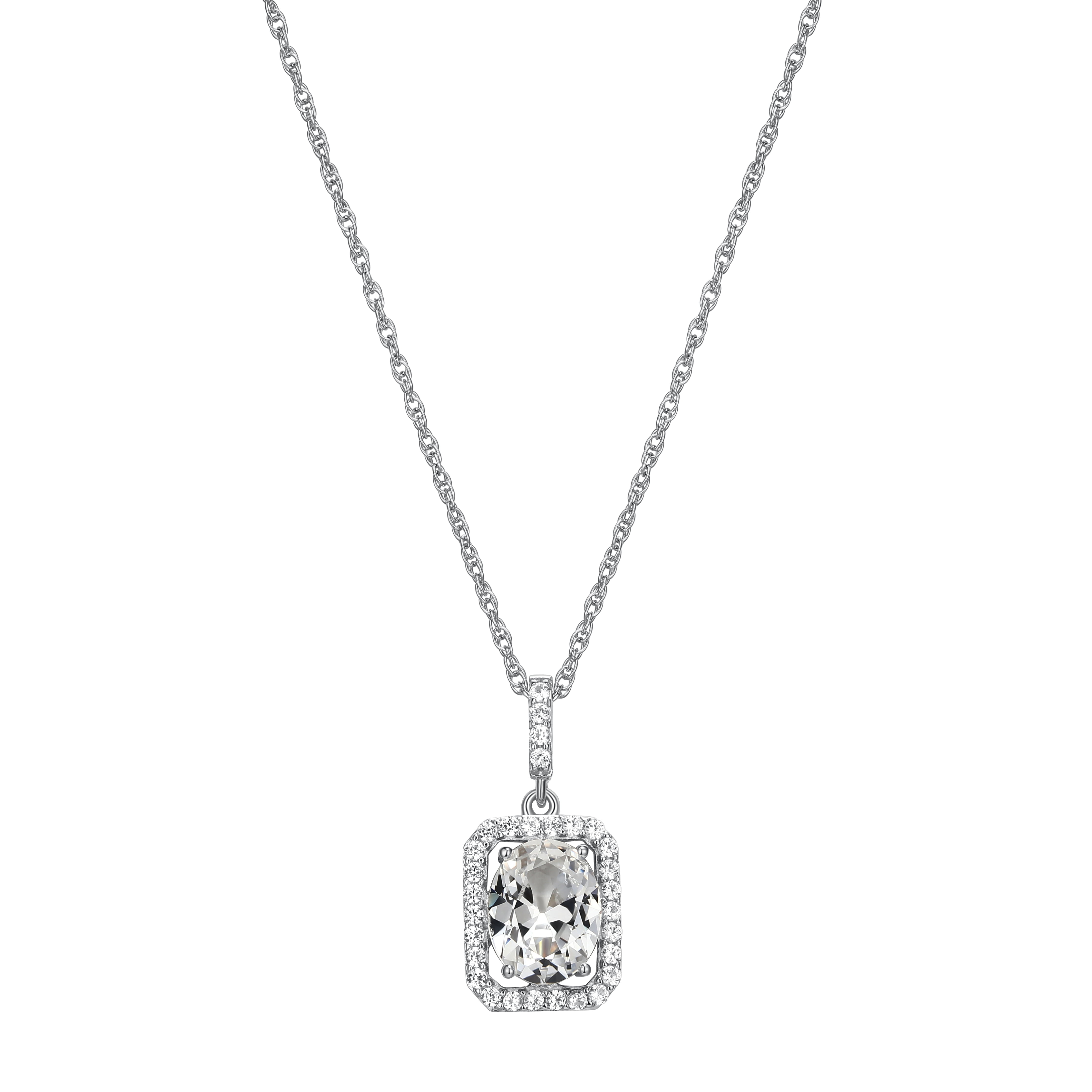 Forever Facets Moissanite Halo Pendant Necklace in Rhodium Plated Sterling Silver, Adult Female