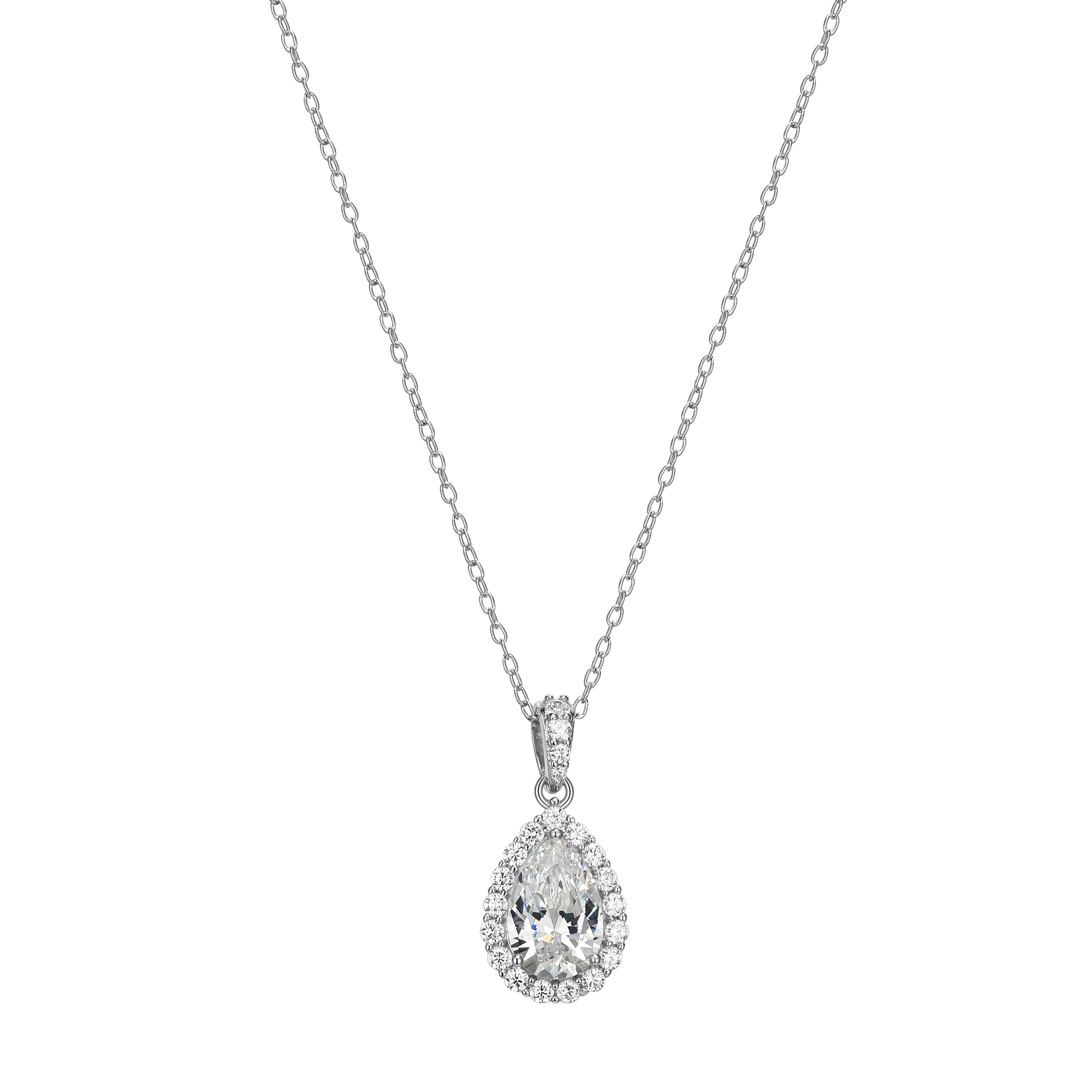Forever Facets Moissanite Pear-Shape Pendant Necklace in Rhodium Plated Sterling Silver, Adult Female