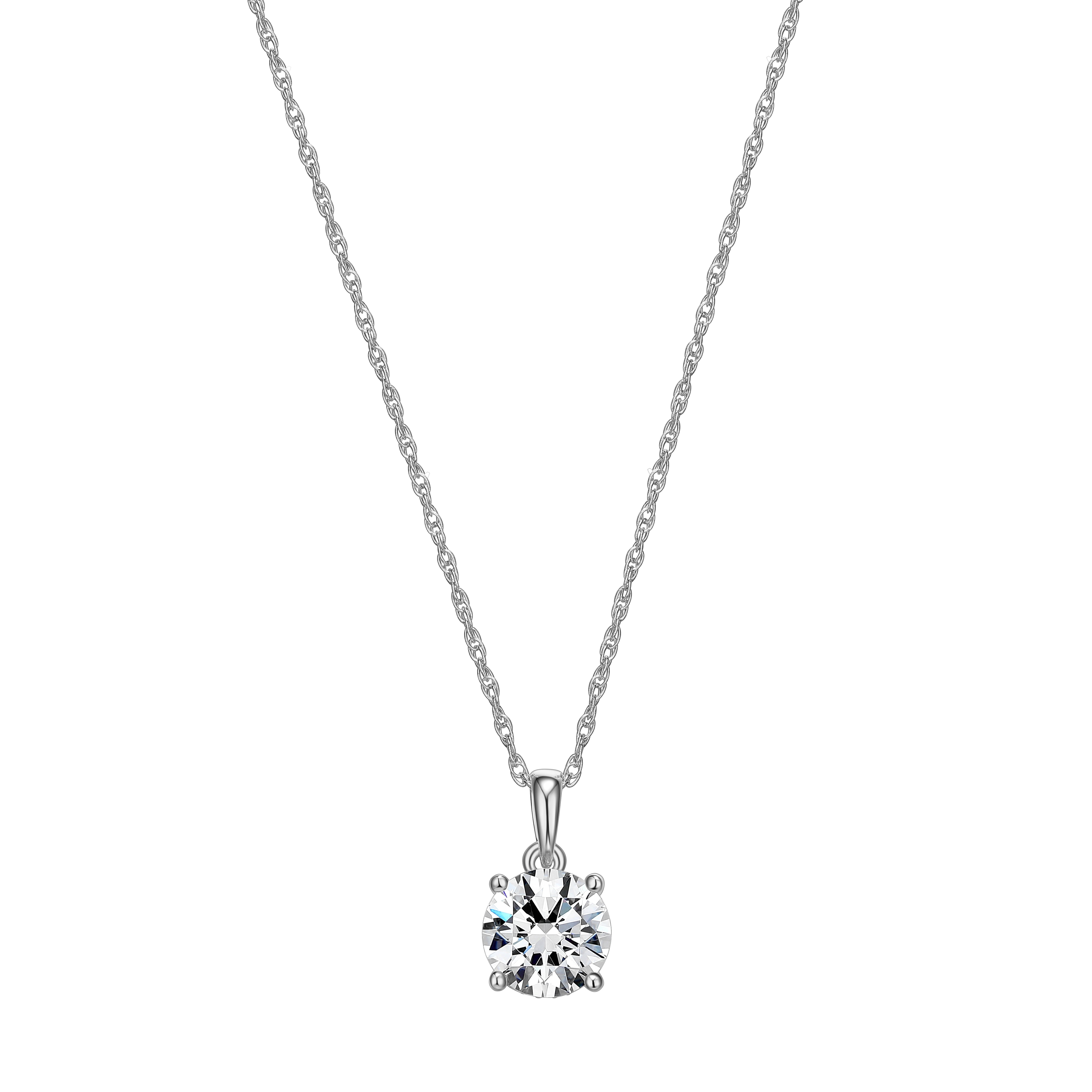 Forever Facets Moissanite Solitaire Pendant Necklace in Rhodium Plated Sterling Silver, Adult Female