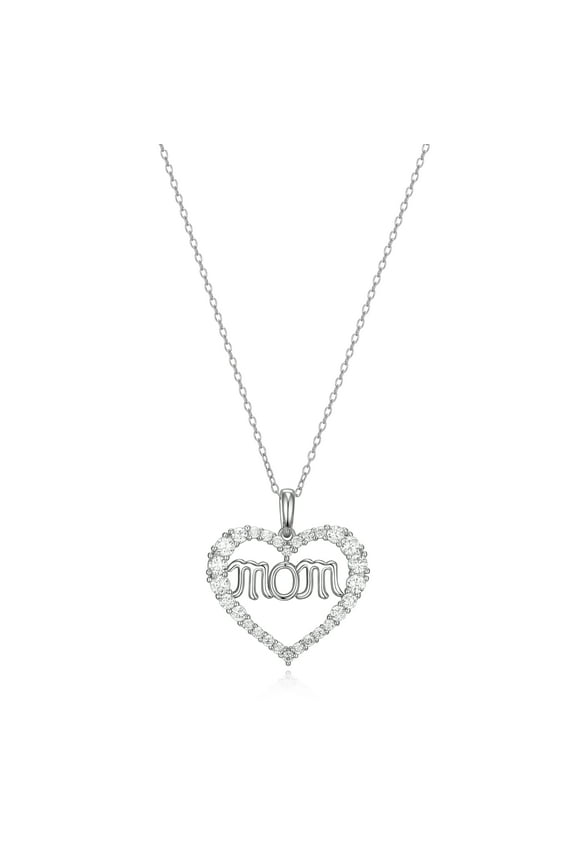 Mom Heart Cubic Zirconia 18" Pendant Necklace in Sterling Silver, Adult Female