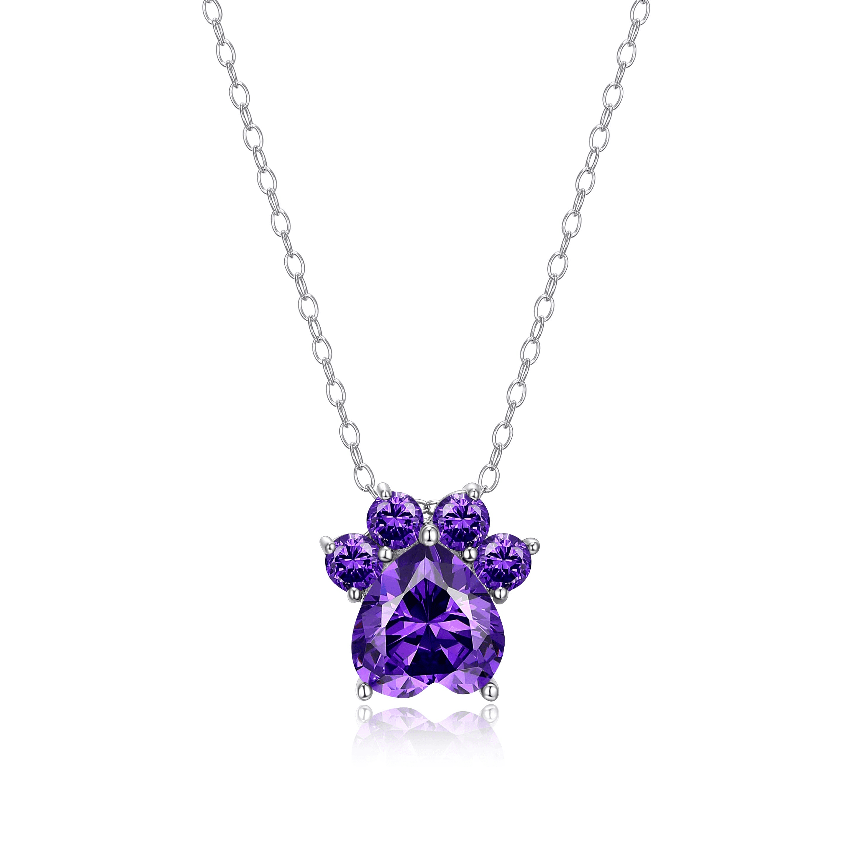 Forever Facets Platinum over Sterling Silver Simulated Amethyst Paw Print Necklace