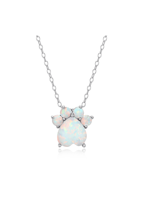 Platinum over Sterling Silver Simulated Opal Paw Print Necklace