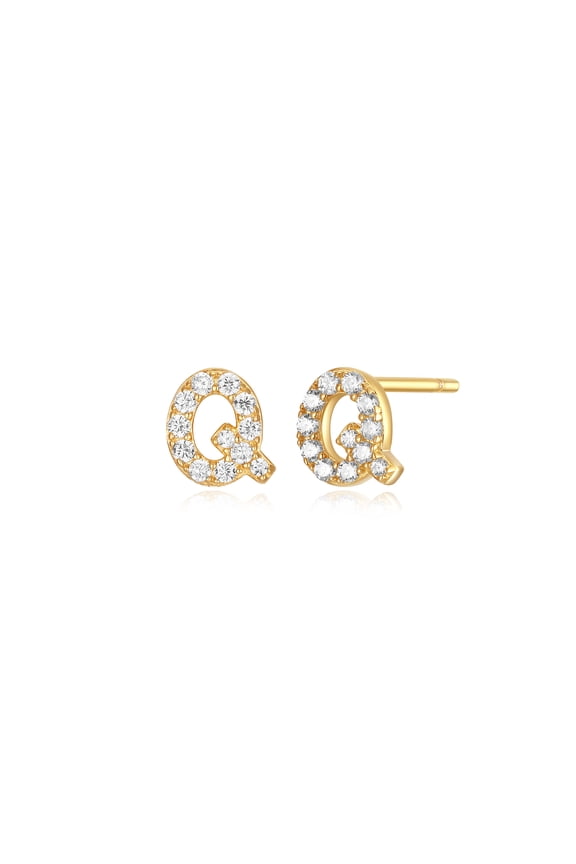 "Q" CZ Earrings in Gold over Sterling Silver, Adult Female