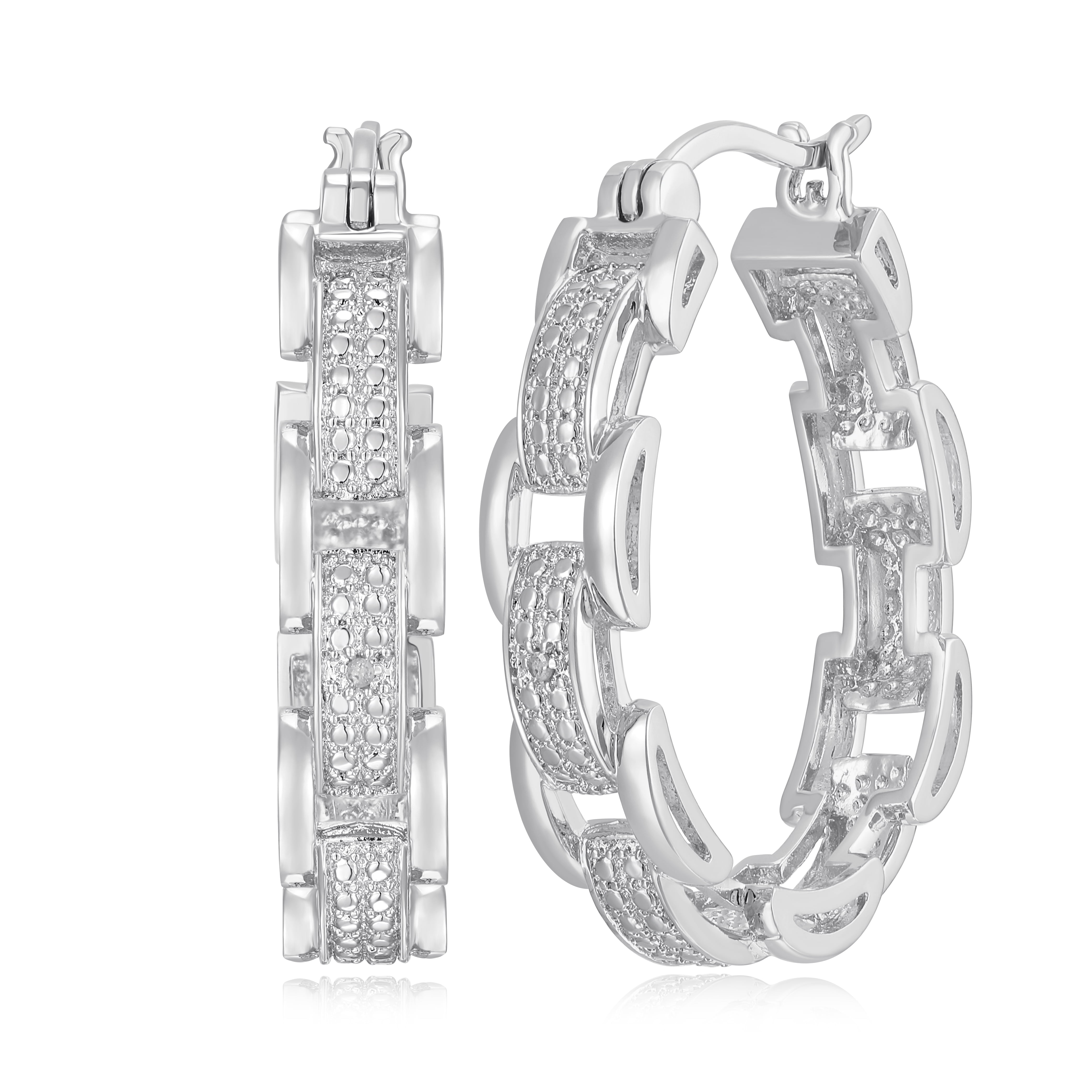 Forever Facets Silvertone Diamond Accent Chunky Link Hoop Earrings in Rhodium over Bronze, Adult Female