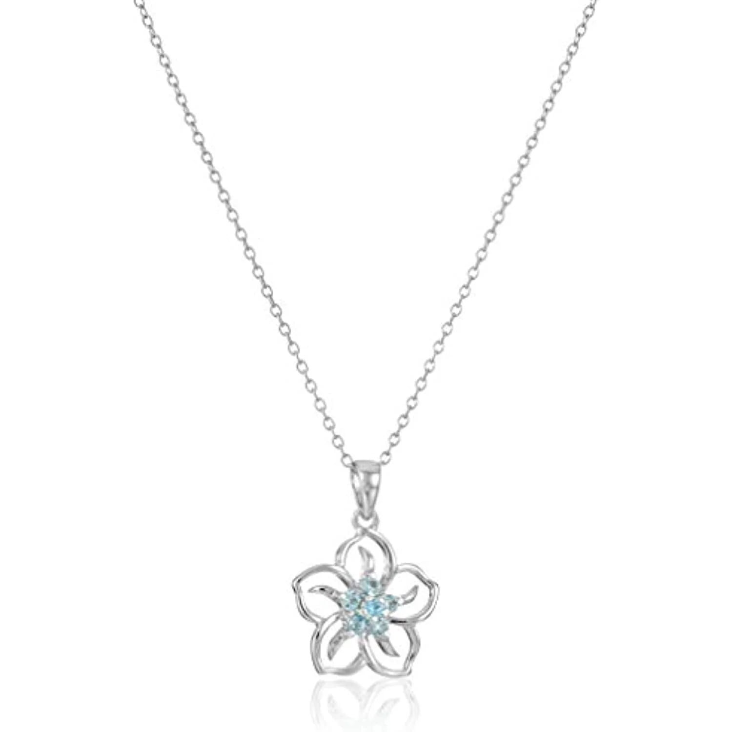 Sterling Silver Aquamarine Flower Pendant Necklace, 18"