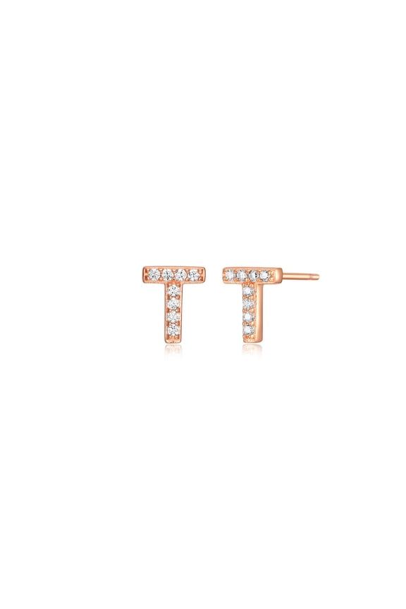 "T" CZ Earrings in Rose Gold over Sterling Silver, Adult Female