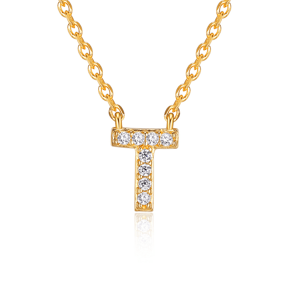 Forever Facets "T" CZ Necklace in Gold over Sterling Silver, Adult Female
