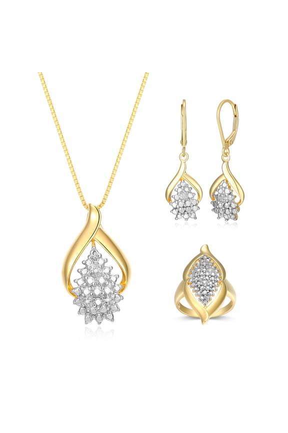 Three Piece Set of Diamond Accent Yellow Gold over Sterling Silver Open Waterfall Earrings, Pendant and Ring, Adult Female