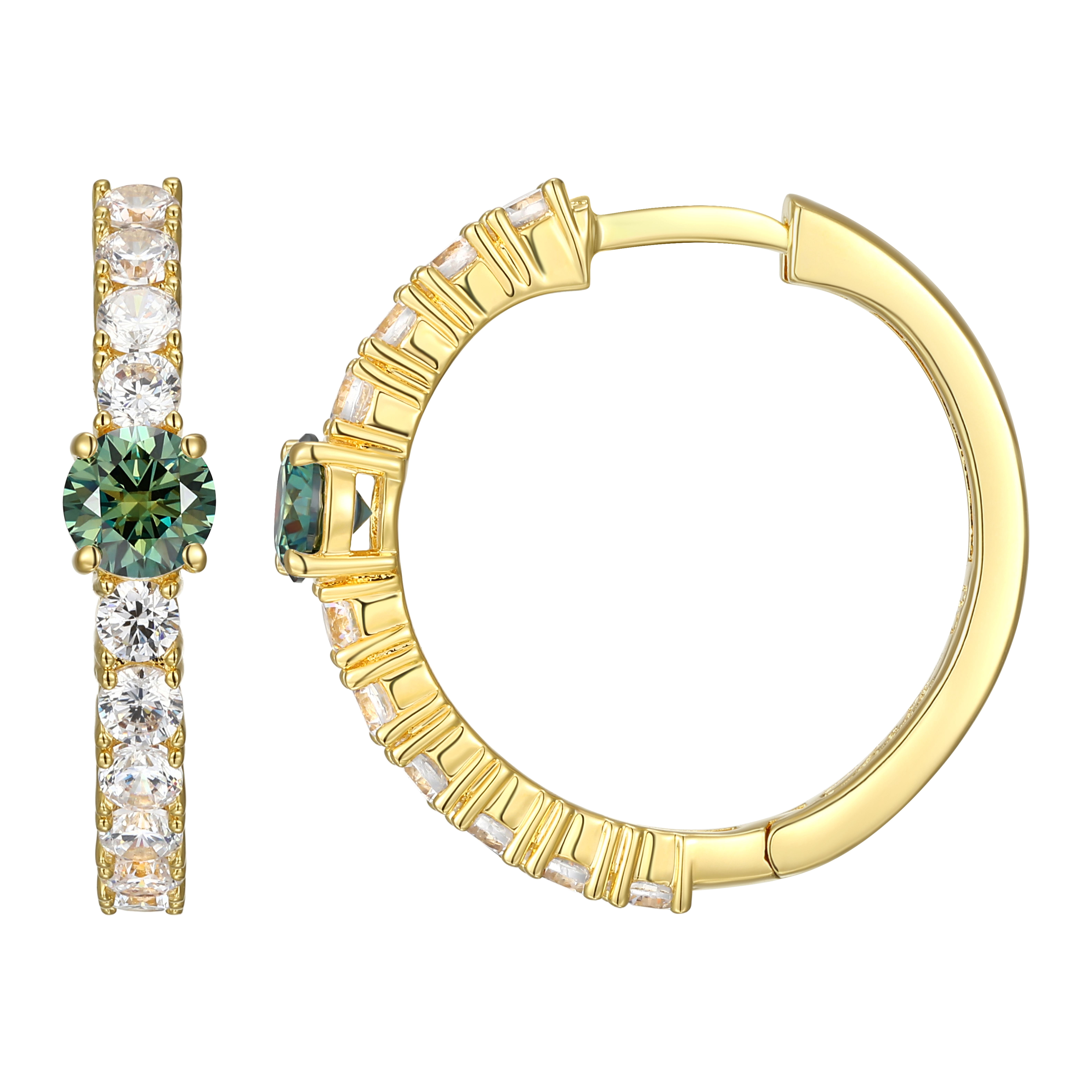Forever Facets White and Green Moissanite Hoop Earrings in 18k Yellow Gold Plated Sterling Silver, Adult Female