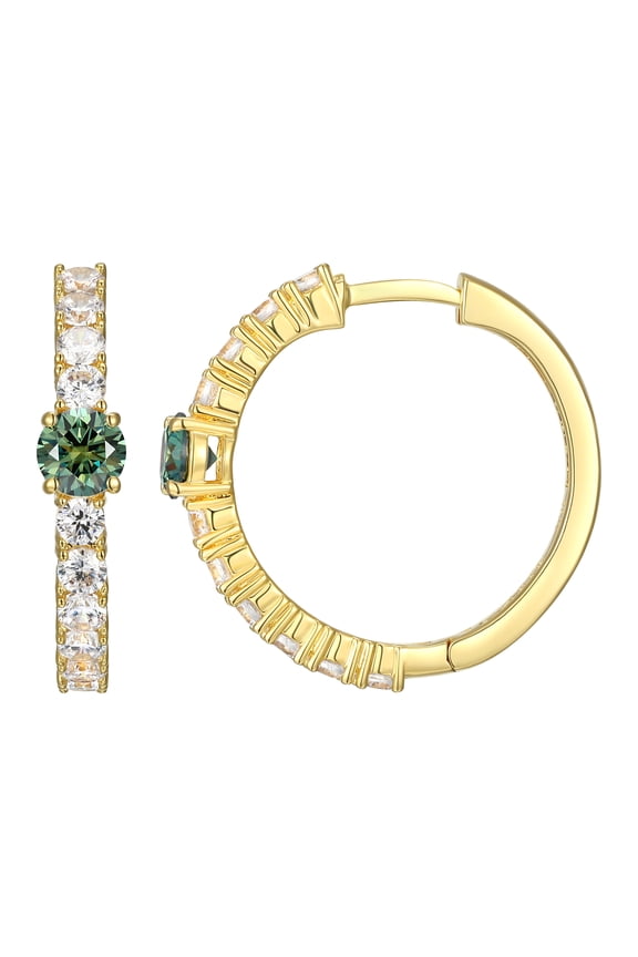 White and Green Moissanite Hoop Earrings in 18k Yellow Gold Plated Sterling Silver, Adult Female