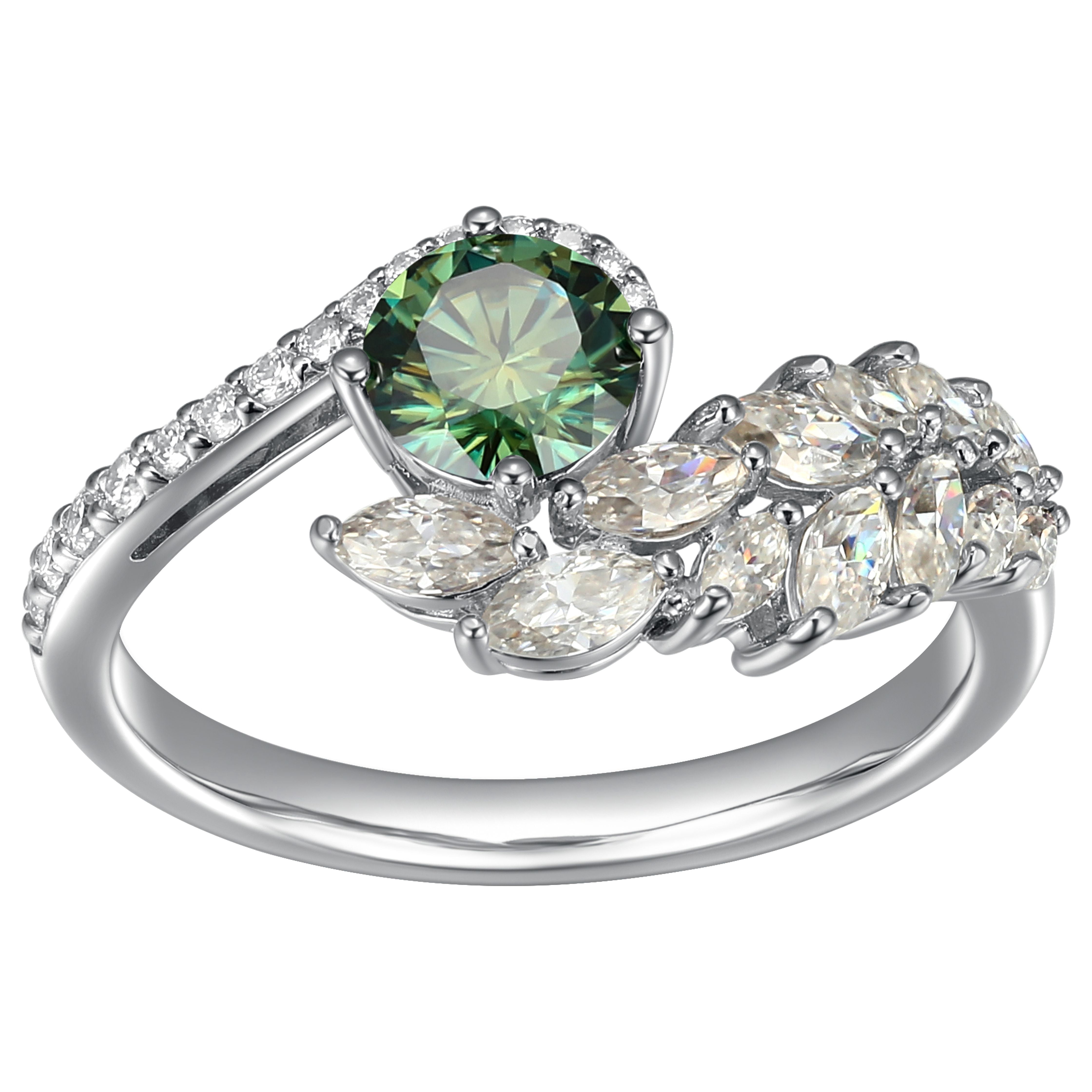 Forever Facets White and Green Moissanite Ring in Rhodium Plated Sterling Silver, Adult Female