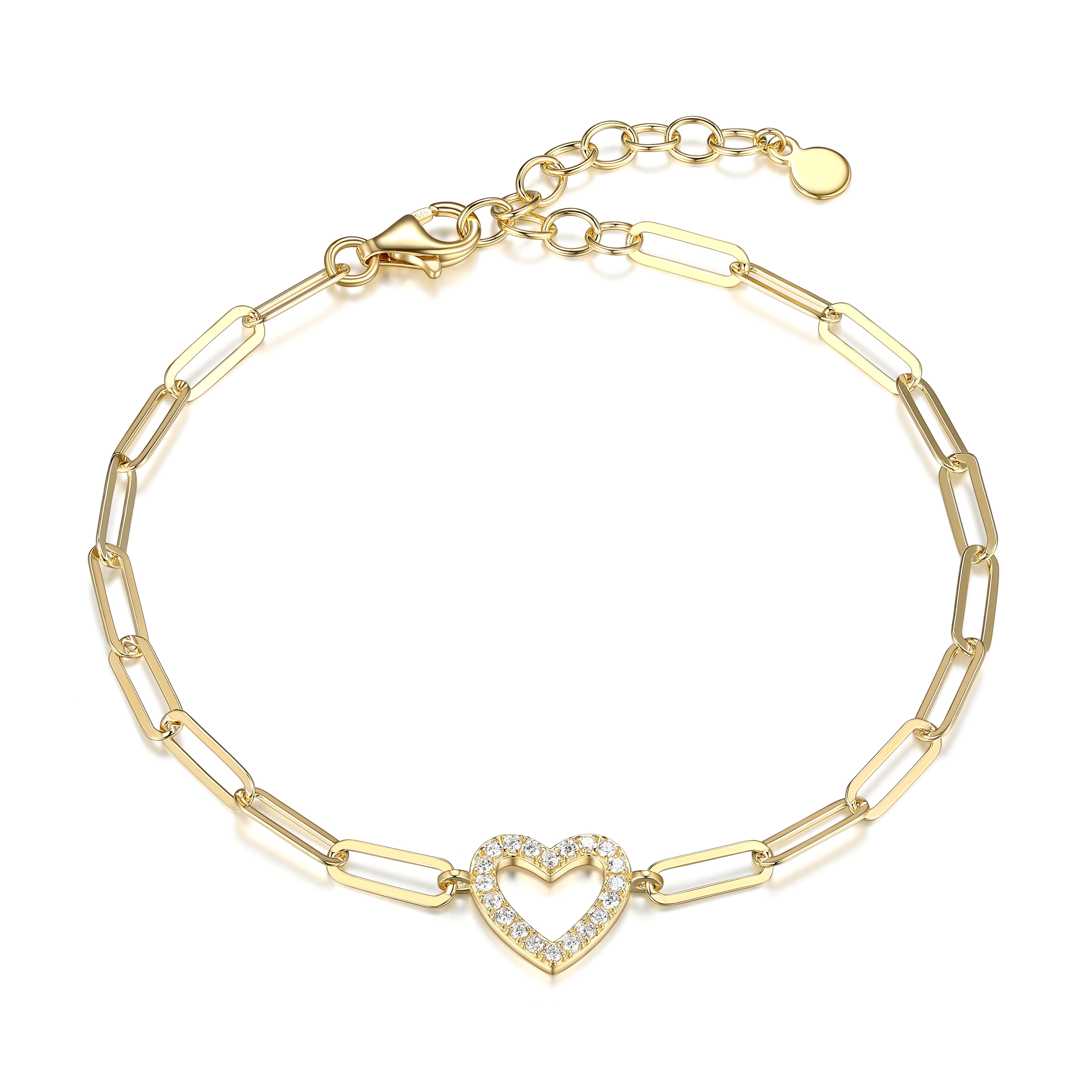 Forever Facets Women's 18K Gold Over Sterling Silver CZ Heart Paperclip Bracelet, 6 3/4" + 1 1/4" Extender
