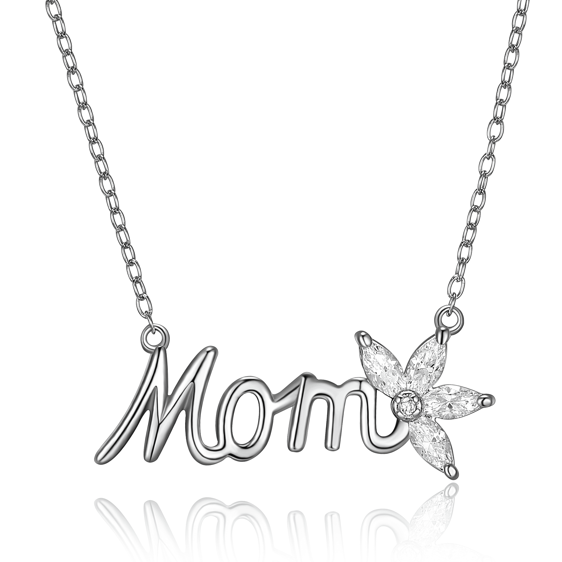 Forever Facets Women's 925 Sterling Silver "Mom" and Marquise Cubic Zirconia Flower Necklace Gift for Her