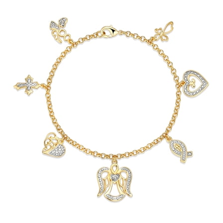 Forever Facets Women's Diamond Charm Bracelet Set in 14K Gold Plated Brass, 7.25 inch