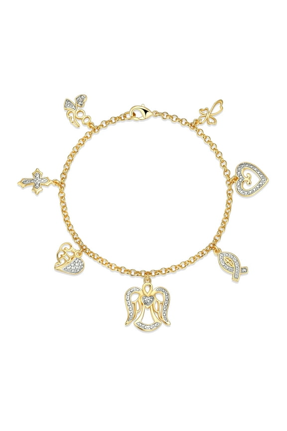 Women's Diamond Charm Bracelet Set in 14K Gold Plated Brass, 7.25 inch