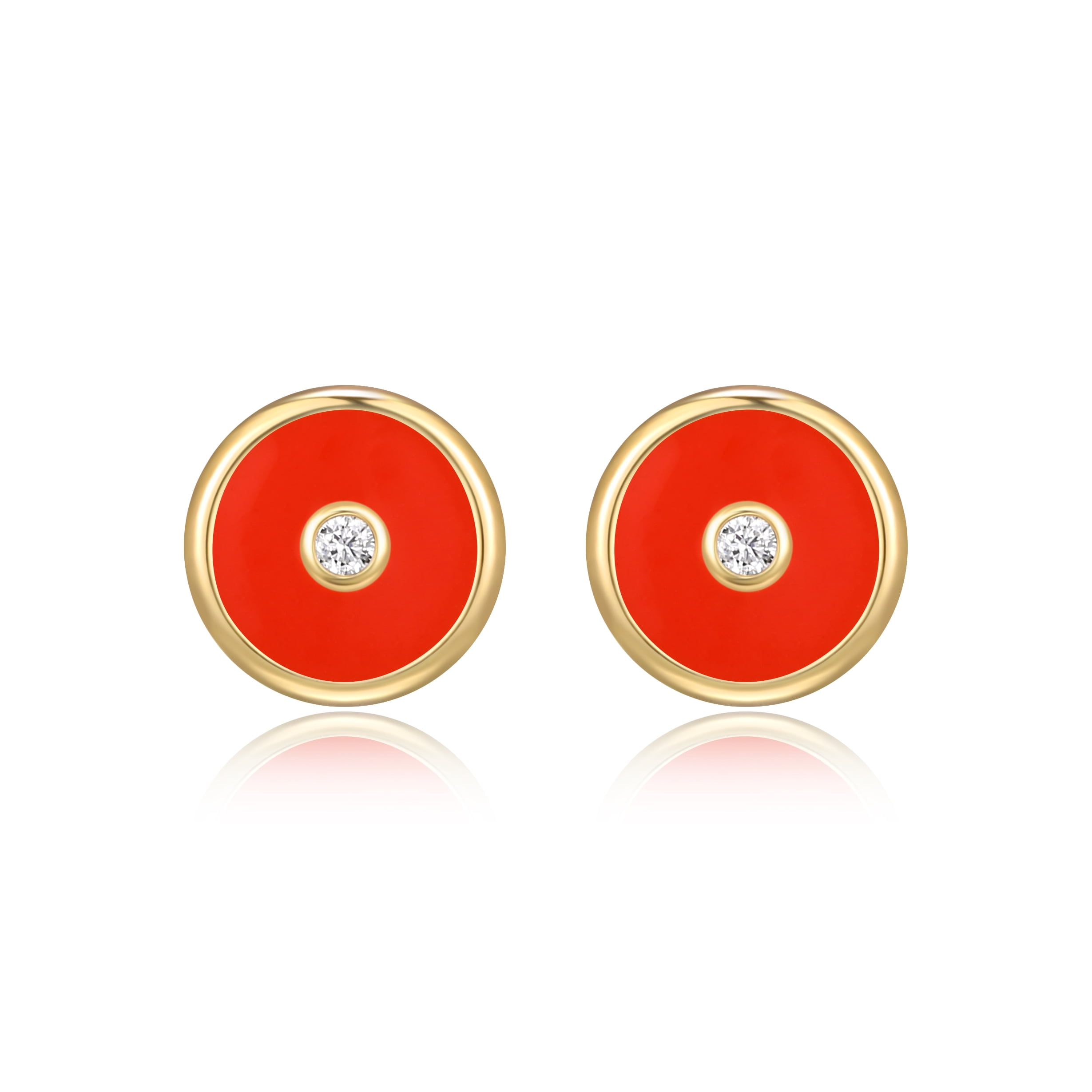 Forever Facets Women's Gold over 925 Sterling Silver CZ and Coral Epoxy Round Stud Earring Jewellery