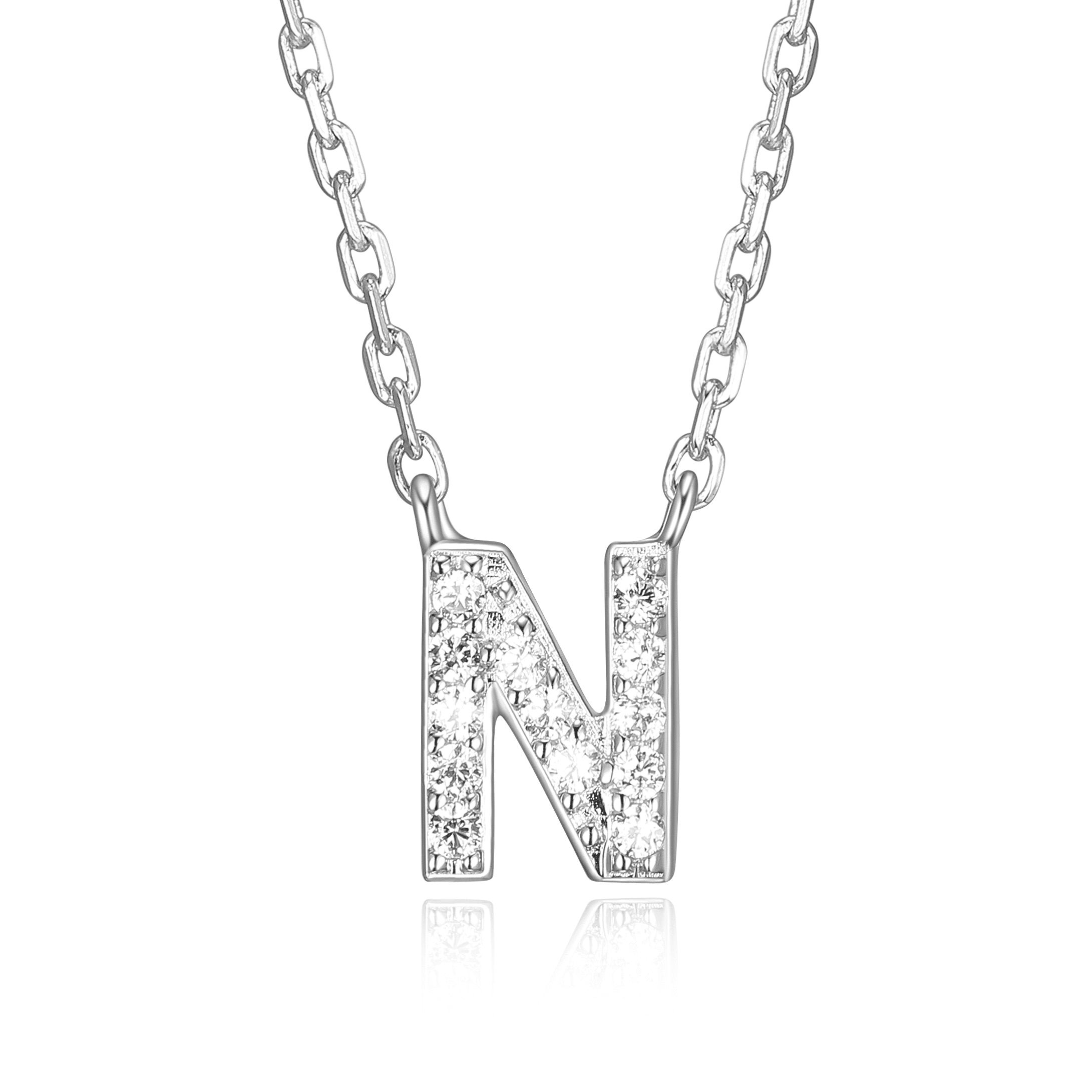 Forever Facets Women's Initial Letter "N" CZ Necklace in Sterling Silver, 18 inch