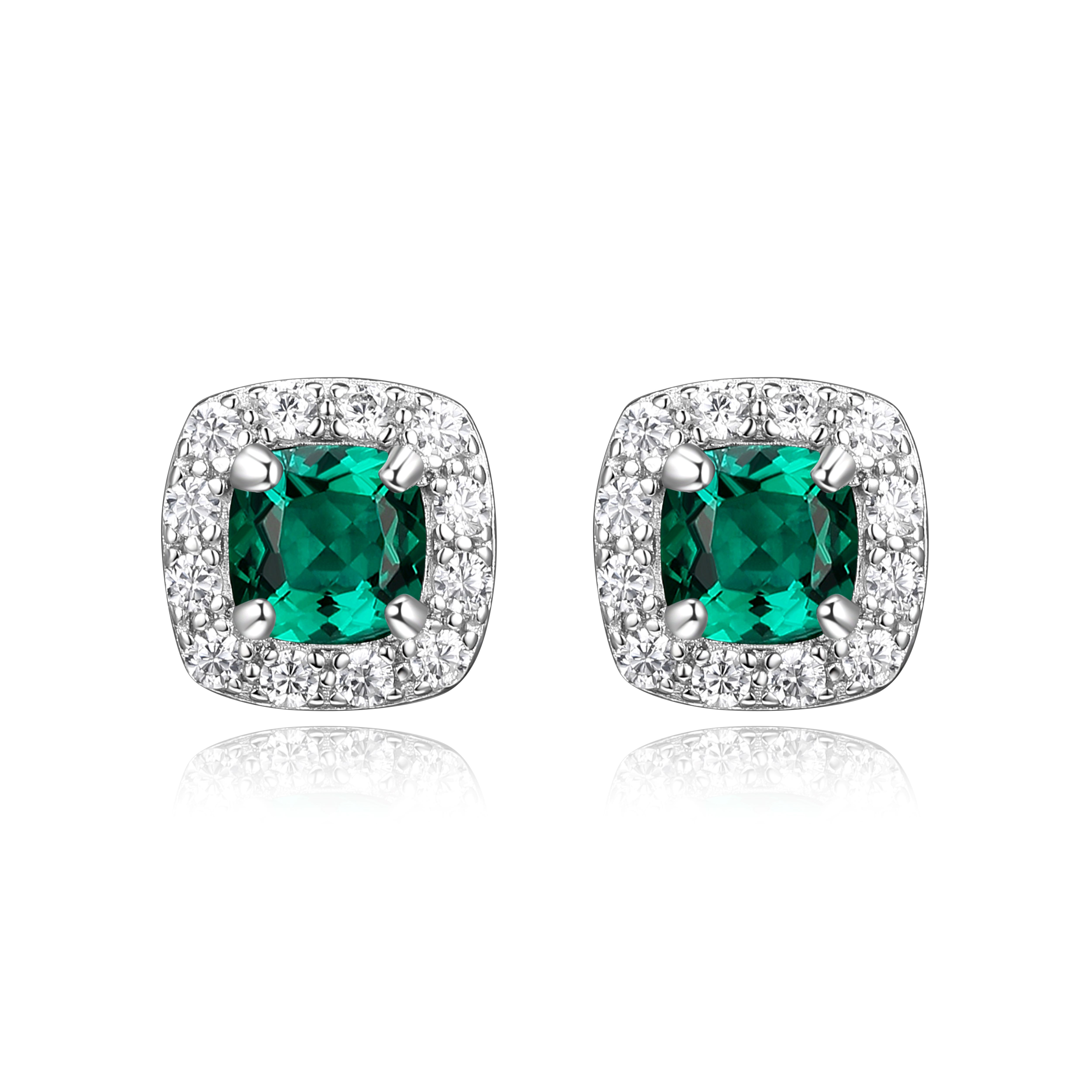Forever Facets Women's Platinum over Sterling Silver Created Emerald and CZ Stud Earrings