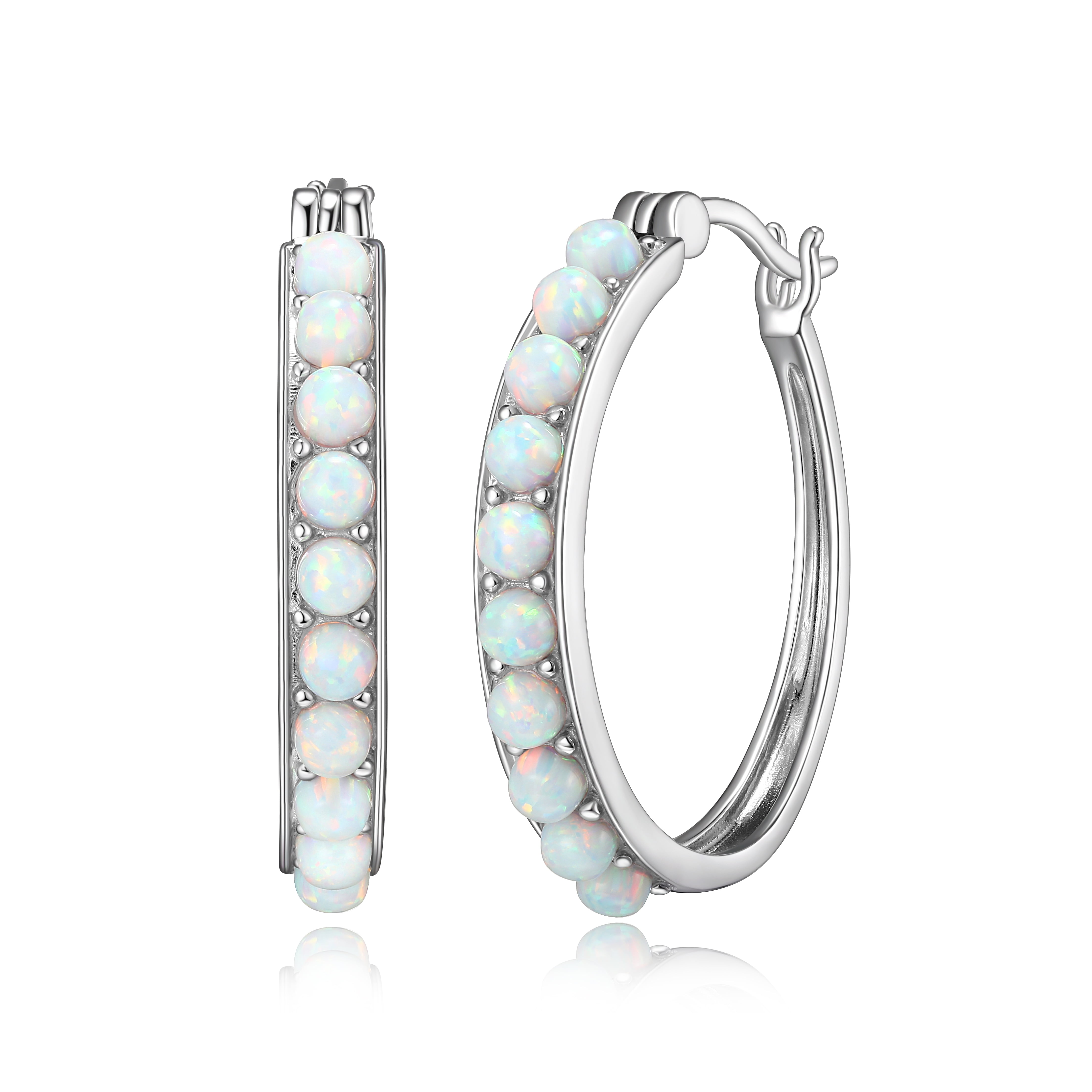 Forever Facets Women's Platinum over Sterling Silver Created Opal 3x2mm Hoop Earrings