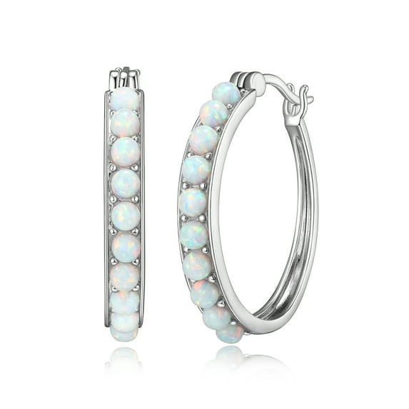 Forever Facets Women's Platinum over Sterling Silver Created Opal 3x2mm Hoop Earrings