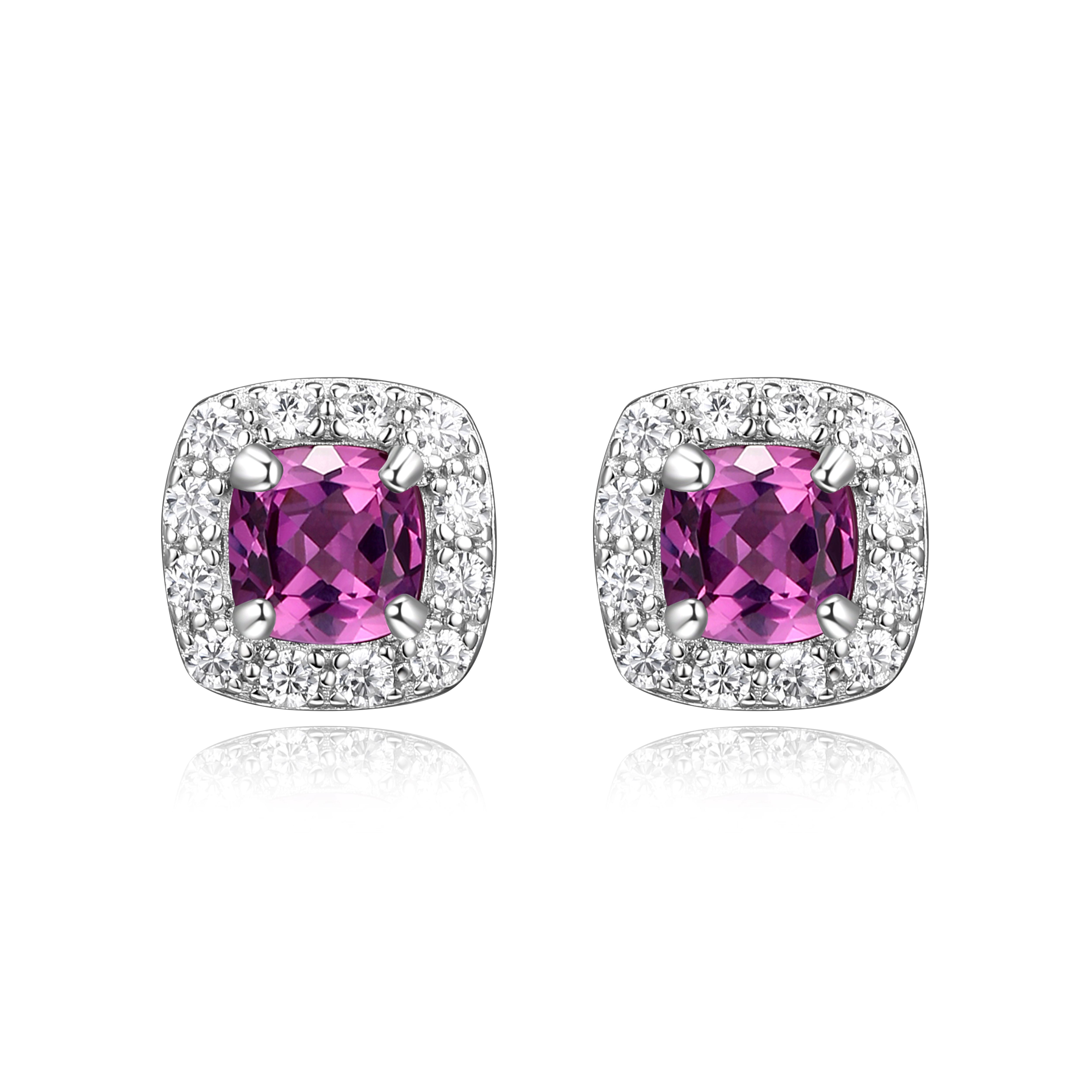 Forever Facets Women's Platinum over Sterling Silver Created Pink Sapphire and CZ Stud Earrings