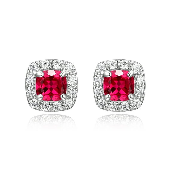 Forever Facets Women's Platinum over Sterling Silver Created Ruby and CZ Stud Earrings