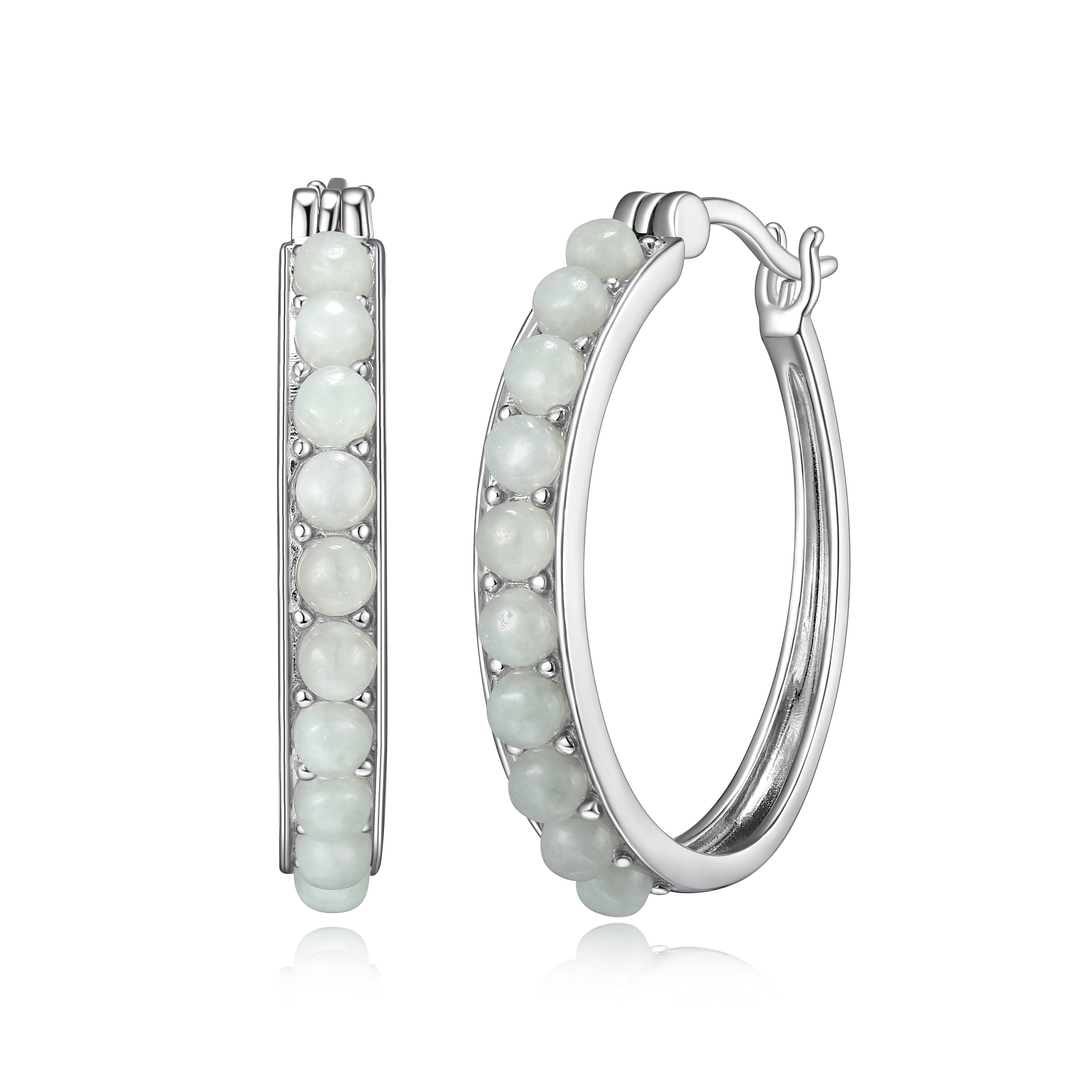Forever Facets Women's Platinum over Sterling Silver Green Jade 3x2mm Hoop Earring