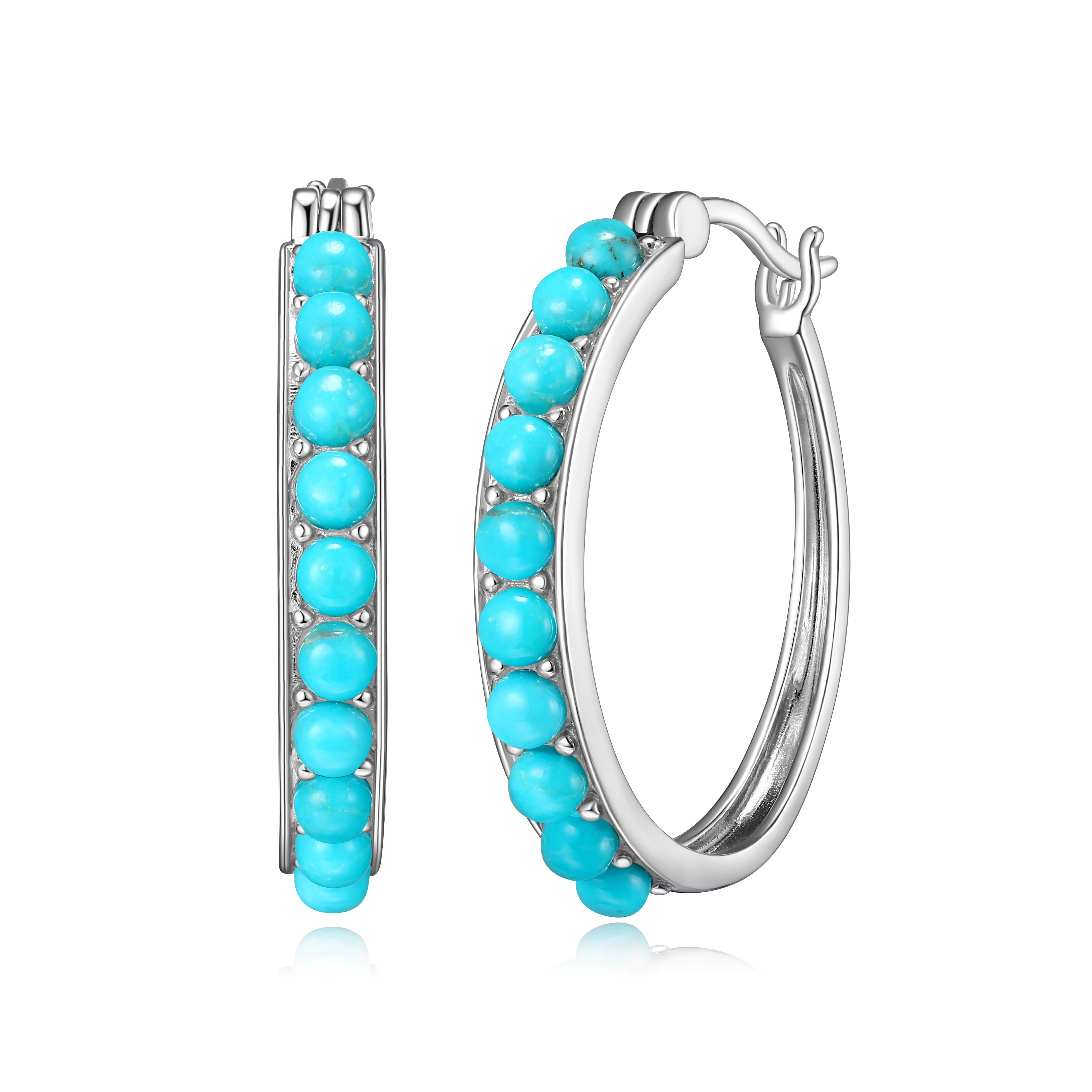 Forever Facets Women's Platinum over Sterling Silver Turquoise 3x2mm Hoop Earrings