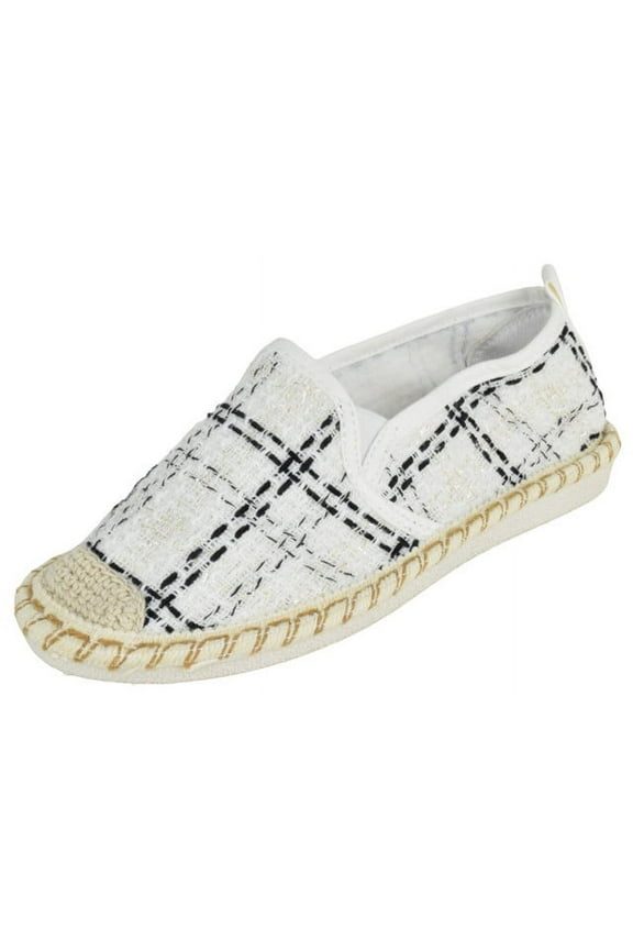 Flat Women Shoes Canvas Slip-On Loafers Espadrilles Jute Style Breathable Knit Fabric Light Weight PLEDGE-35 White 6.5
