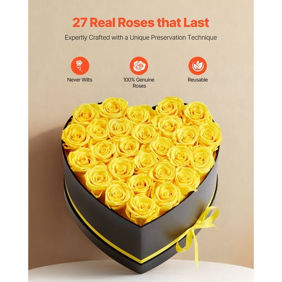 Forever Flowers,27 Preserved Roses in a Heart Shape Box,Eternal Flowers Immortal Bouquet Birthday Present for Women Her Wife Mothers,Anniversary,Valentine's Day,Christmas,Yellow