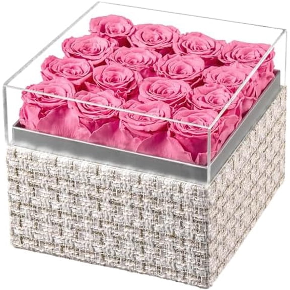 Forever Flowers Preserved Roses Real Roses That Last Over a Year Rose Box Gifts for Her Mothers Day Valentines Day Christmas (Square Gold White Plaid Box, 16 Pink Roses)