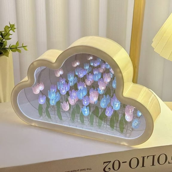 Forever Infinite Cloud Mirror Tulips, 20 Flower Tulip Lamp Night Light with Mirror, Forever Cloud Mirror Tulips, Fully Assembled Tulip Mirror Lamp, Simulation Flower Table Lamp Decor