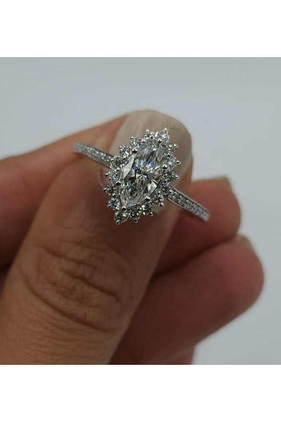 1.24Ct Marquise Cut Moissanite Womens Engagement Ring 14K White Gold Plated
