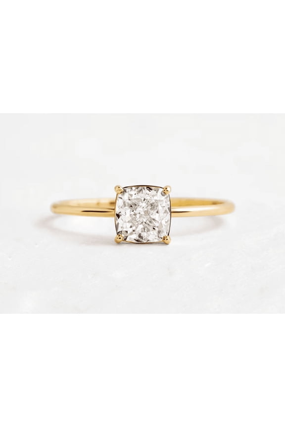 1Ct Cushion Cut Moissanite Women Solitaire Engagement Ring 14K Yellow Gold Plated