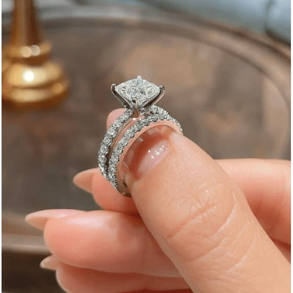 Forever Jewels 2.19Ct Princess Cut Moissanite Women Bridal Engagement Ring Set 14K White Gold Plated