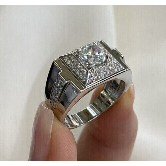 Forever Jewels 2.20Ct Round Cut Moissanite Men Halo Engagement Ring 14K White Gold Plated