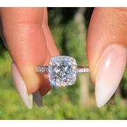 FOREVER JEWELS 2.47Ct Cushion Cut Moissanite Women Halo Engagement Ring 14K White Gold Plated