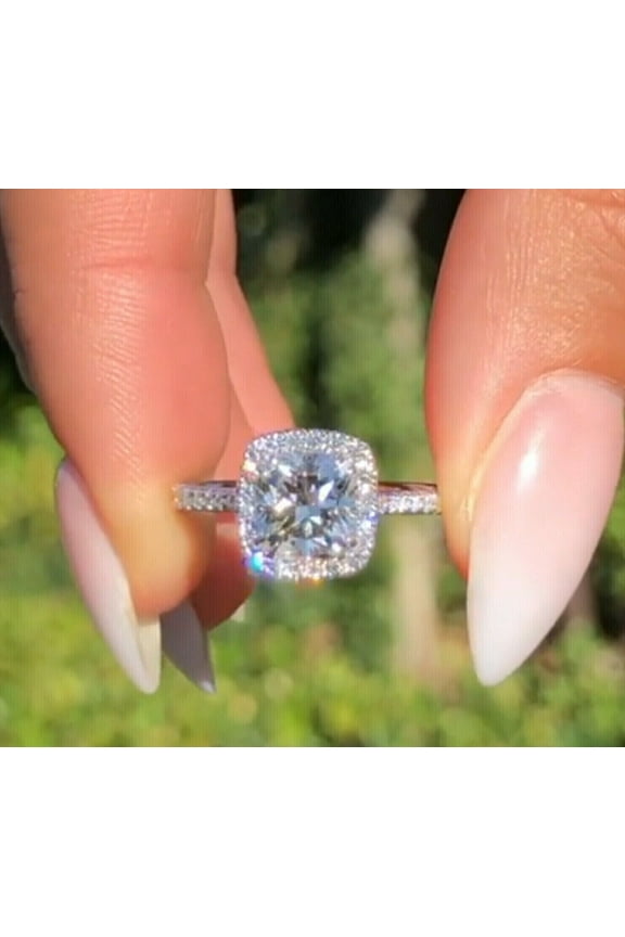 2.47Ct Cushion Cut Moissanite Women Halo Engagement Ring 14K White Gold Plated