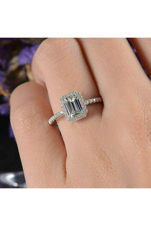 2.50Ct Emerald Cut Moissanite Women Wedding Engagement Ring 14K White Gold Plated
