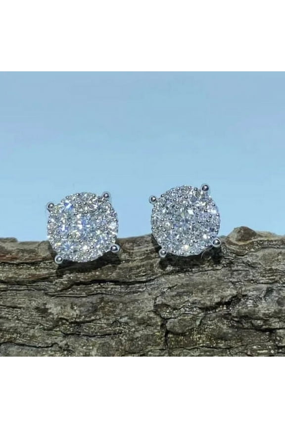2 Carat Round Cut Moissanite Men's Cluster Stud Earrings 14K White Gold Plated