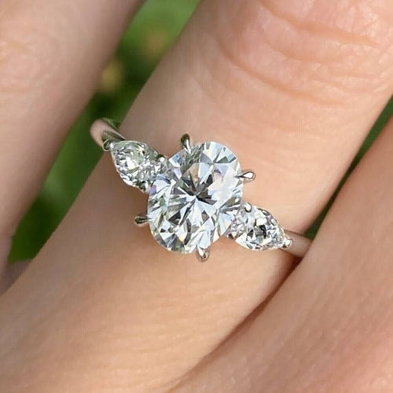 Forever Jewels 2 Ct Oval Moissanite Women Three Stone Engagement Ring 14K White Gold Plated