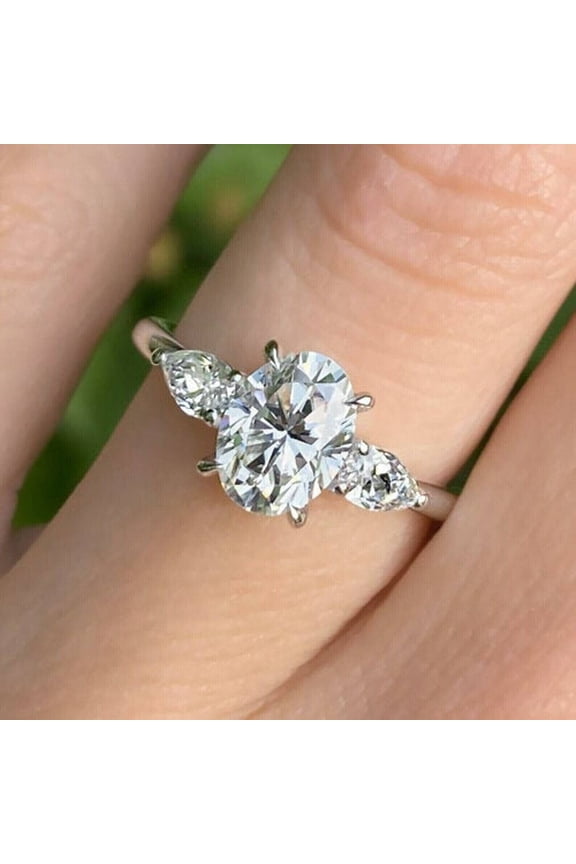 2 Ct Oval Moissanite Women Three Stone Engagement Ring 14K White Gold Plated