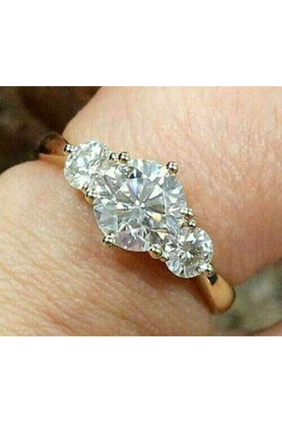 2Ct Round Moissanite Women Three Stone Engagement Ring 14K Yellow Gold Plated
