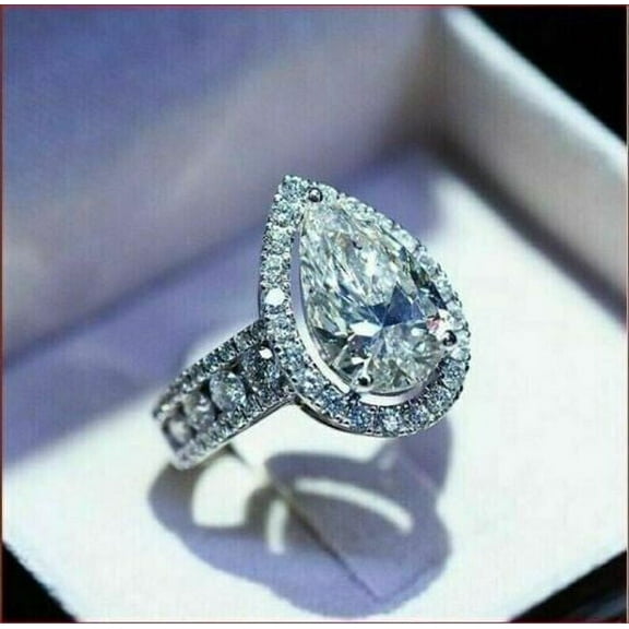 Forever Jewels 3.50Ct Pear Cut Moissanite Women Halo Engagement Ring 14K White Gold Plated