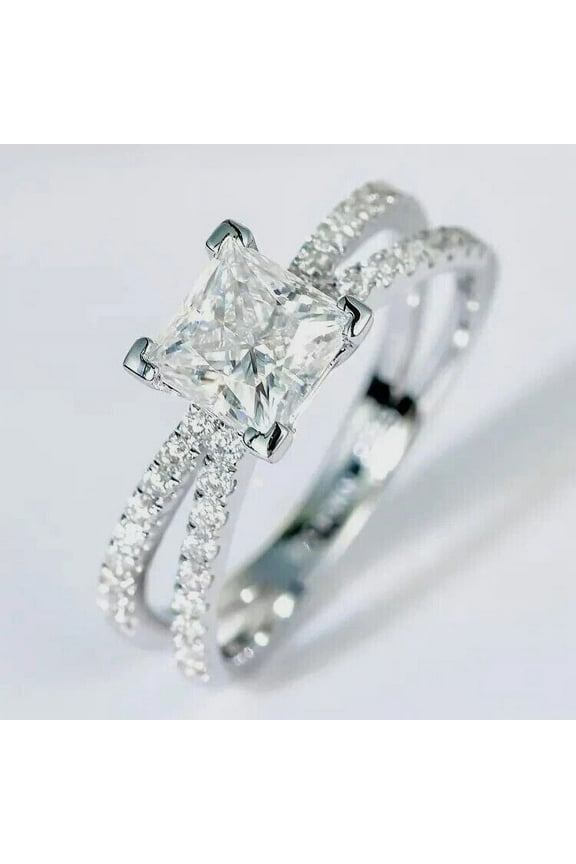 3Ct Princess Moissanite Women Split Shank Engagement Ring 14K White Gold Plated