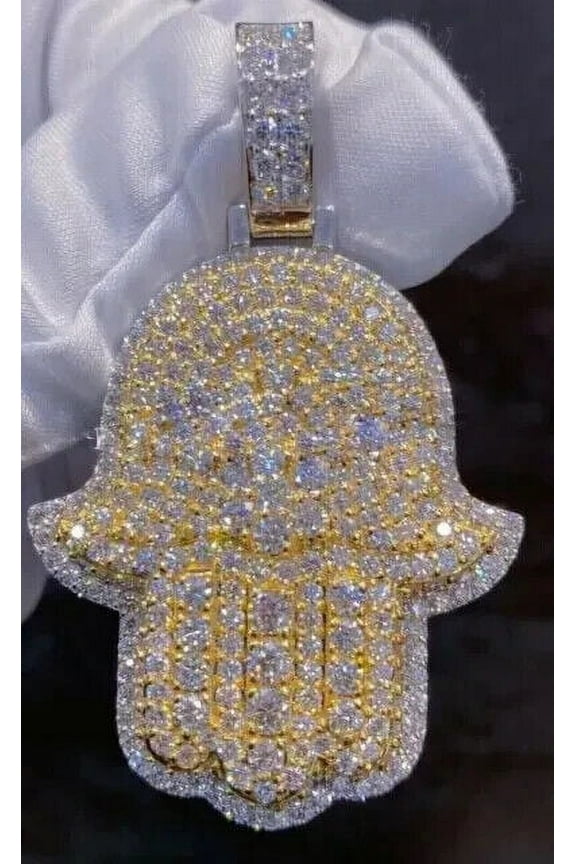 3Ct Round Cut Moissanite Hamsa Hand Men Pendant 14K Two Tone Gold Plated